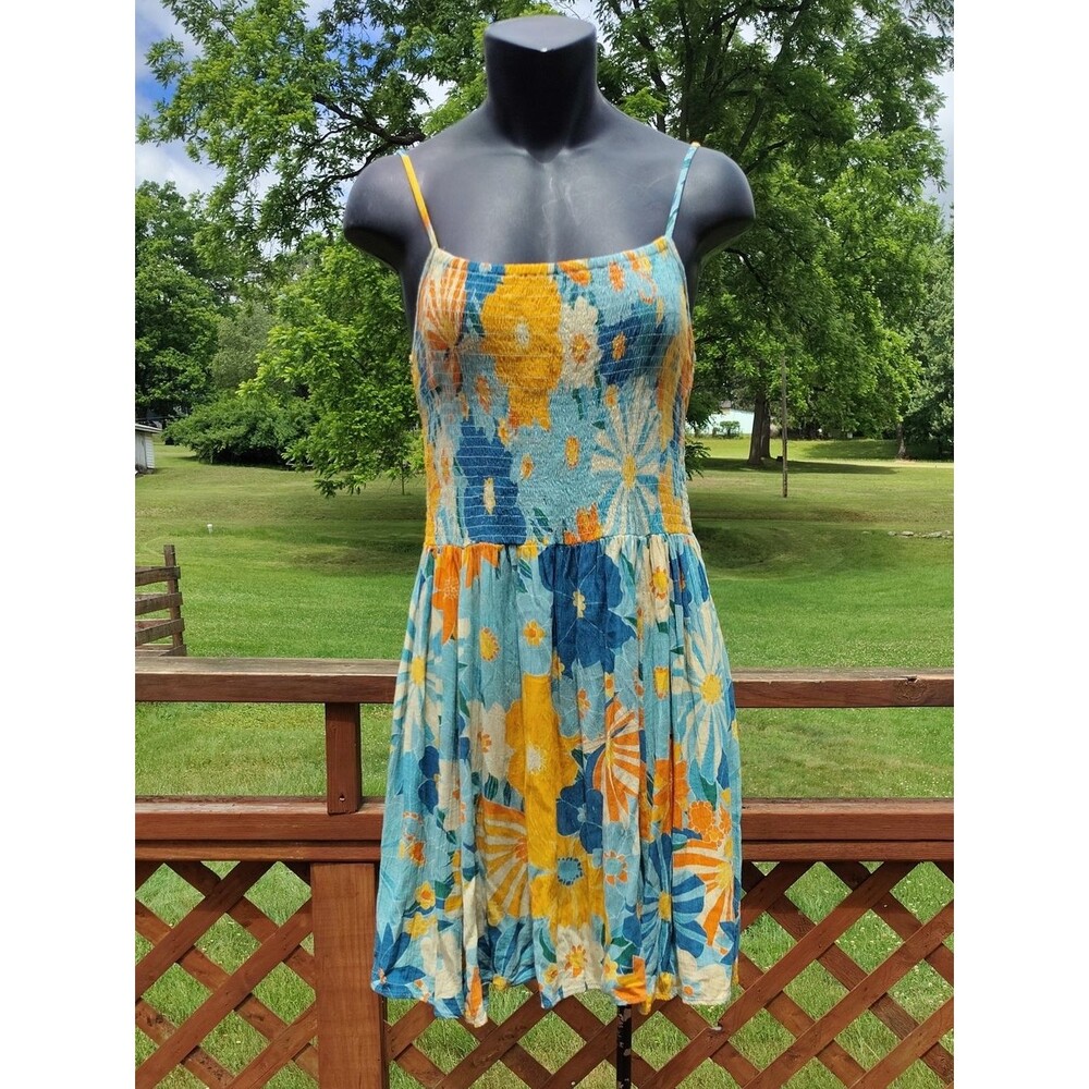 Angie Blue Orange & Yellow Floral Smocked Sundress Size Large